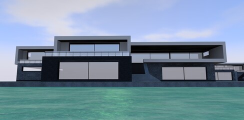 The concept of a futuristic high-tech house on the river bank. Flat roof, long rectangular shape. Large mirrored windows. 3d render.