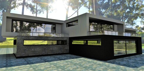 The concept of a futuristic house in the rainforest. Flat roof, long rectangular shape. Mirror windows. 3d render..