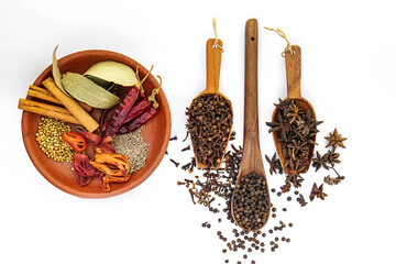 Indian dried spices on a white background - Indian curry spices.