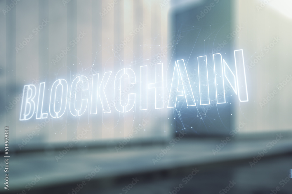 Aufkleber abstract virtual blockchain technology hologram on blurry modern office building background. digital