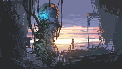 Poster wetenschapper die naar een gigantische laboratoriumrobot kijkt, digitale kunststijl, illustratie, schilderij © grandfailure