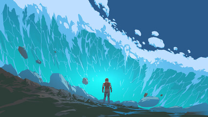 futuristic man standing in the midst of a huge wave that is rushing towards him, digital art style, illustration painting