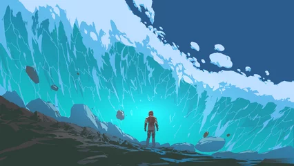 Foto auf Acrylglas Großer Misserfolg Futuristischer Mann, der inmitten einer riesigen Welle steht, die auf ihn zueilt, digitaler Kunststil, Illustrationsmalerei