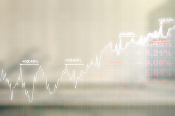 Double exposure of abstract creative financial chart hologram on modern business center exterior...