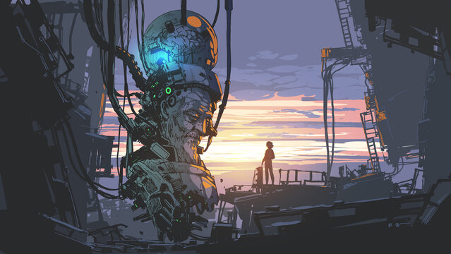 Fototapeta scientist standing looking at a gigantic lab robot, digital art style, illustration painting
