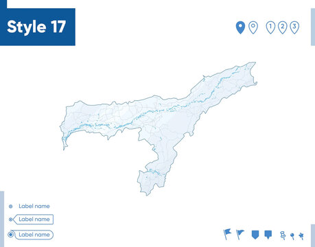 Assam, India - map isolated on white background with water and roads. Vector map.