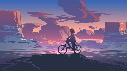 Wall murals Grandfailure kid on bicycle on a mountain looking at the evening scenery, digital art style, illustration painting