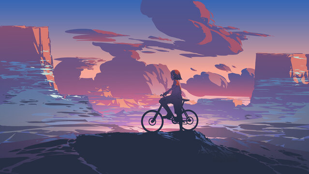 Fototapeta kid on bicycle on a mountain looking at the evening scenery, digital art style, illustration painting