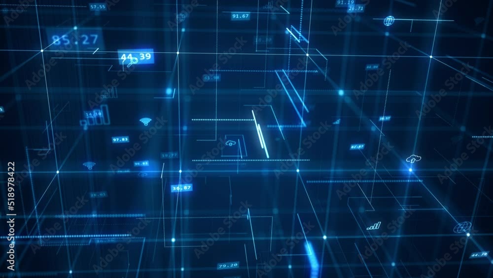 Poster motion graphic of blue line and grid with technology icon on abstract background concept