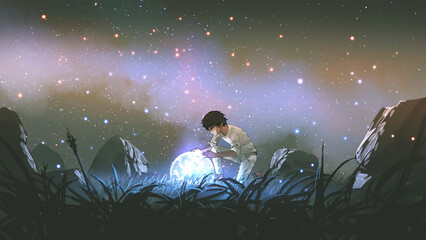 Jonge man in het wit kijkt neer op de gloeiende kleine planeet op de grond, digitale kunststijl, illustratie, schilderkunst