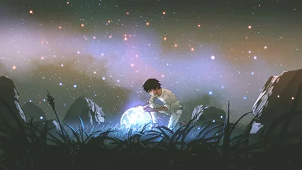Foto op Aluminium Jonge man in het wit kijkt neer op de gloeiende kleine planeet op de grond, digitale kunststijl, illustratie, schilderkunst © grandfailure