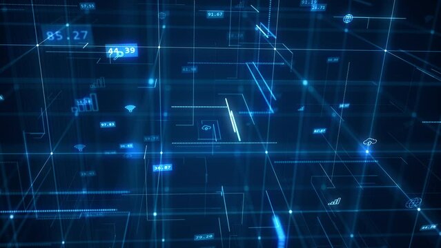 Motion graphic of Blue line and grid with technology icon on abstract background concept