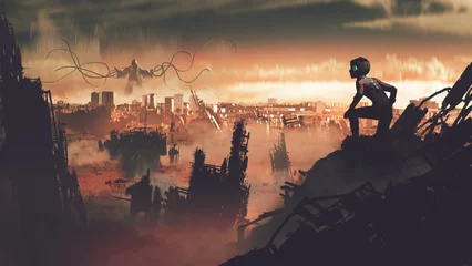 Rolgordijnen futuristische jongen op de ruïnes die naar de verre reus kijkt die de stad vernietigt, digitale kunststijl, illustratie, schilderkunst © grandfailure