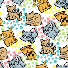 Cute cats pattern for wallpaper, wrapping paper, textile fabric print, pet shop, baby shower, kids room, children theme background. Decorative colourful hand drawn illustration.  Line art drawing.