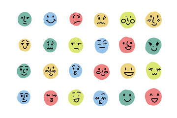 Funny doodle hand-drawn facial emotions grunge style. Cartoon drawing emotions round shapes