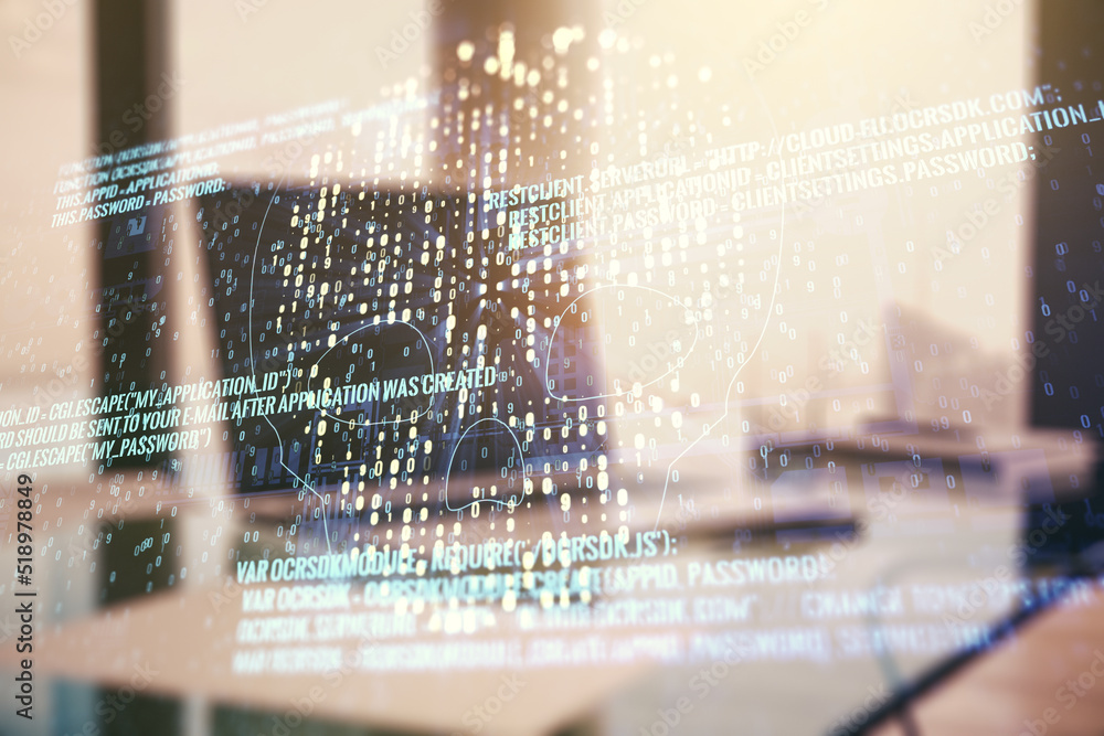 Poster creative concept of code skull illustration on modern laptop background. hacking and phishing concep