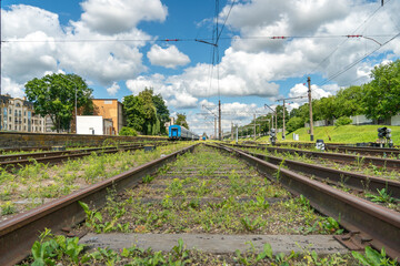 Railway and sleepers close-up. A major railway interchange near the station for train traffic, logistics between cities, cargo transportation.