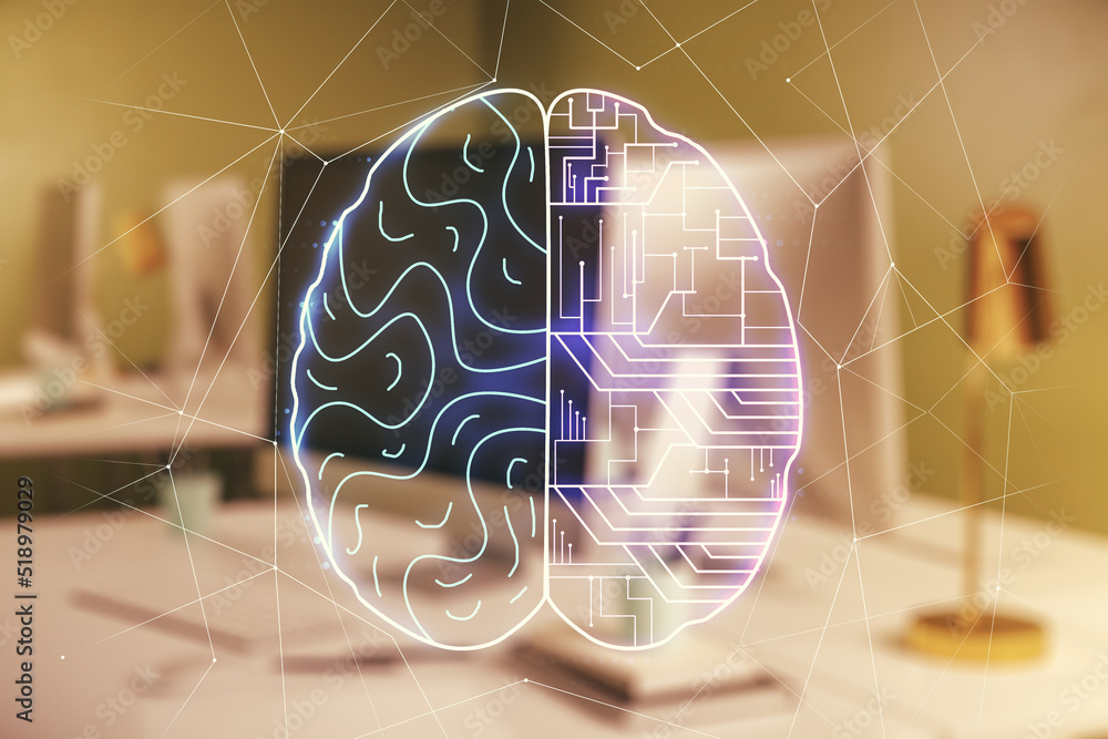 Poster creative artificial intelligence concept with human brain sketch on modern computer background. doub