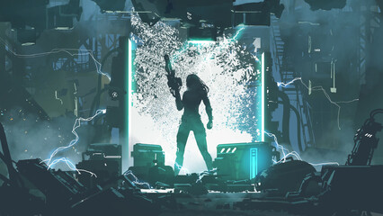 super soldaat met een futuristisch pistool in een laboratorium, digitale kunststijl, illustratie, schilderij