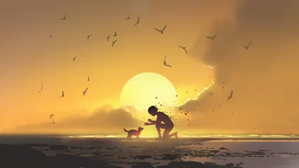 Printed kitchen splashbacks Grandfailure Puppy looking at the boy shattering into dust against the sutset background, digital art style, illustration painting