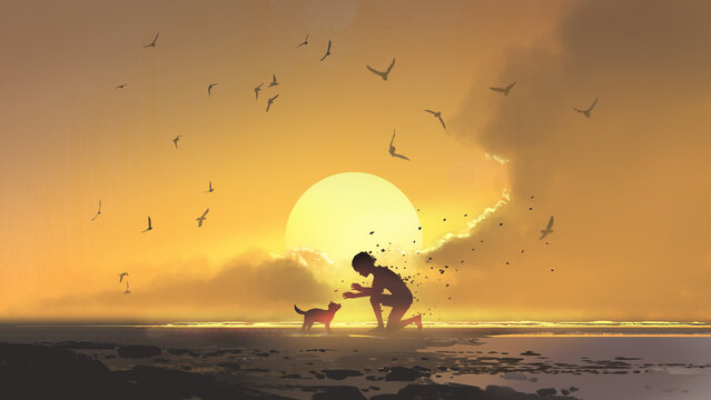 Fototapeta Puppy looking at the boy shattering into dust against the sutset background, digital art style, illustration painting