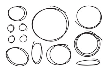 Set of circular scribbles outline doodle frames. Oval banner collection