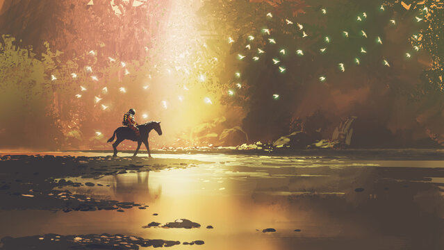 Fototapeta astronaut on horse traveling to a magical land, digital art style, illustration painting