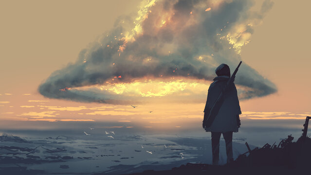 Fototapeta survivor standing at the top of the mountain looking at the huge burning clouds, digital art style, illustration painting
