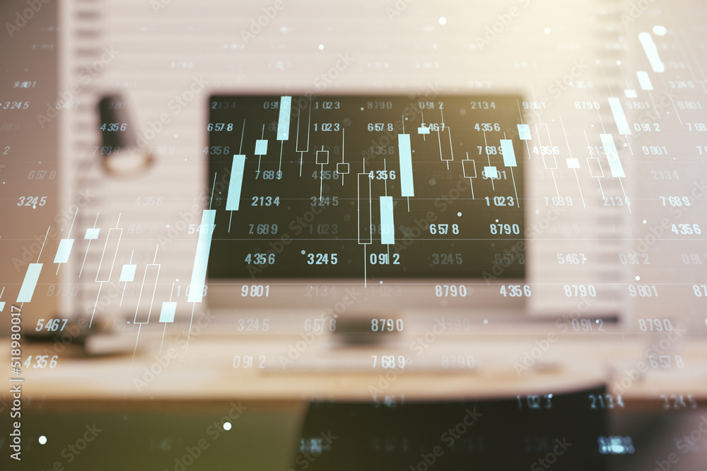 Poster multi exposure of stats data illustration on modern laptop background, computing and analytics conce