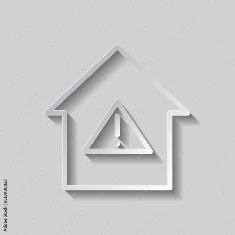 Poster warning, house simple icon. flat desing. paper style with shadow. gray background.ai