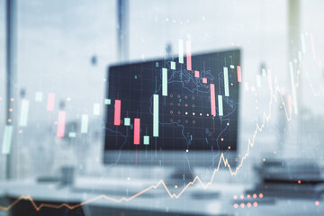 Abstract creative financial graph with world map on modern laptop background, forex and investment concept. Multiexposure