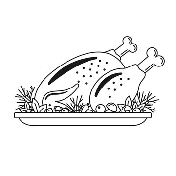 roasted turkey on platter, black and white clip art preview