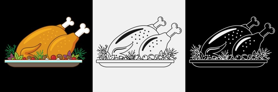 Roast turkey or chicken on platter for traditional holiday dinner. Serving plate with baked bird. Outline, colorful vector flat illustration for restaurants, menus, grill bars.