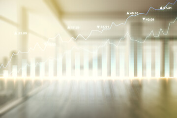 Double exposure of abstract creative financial chart hologram on empty modern office background, research and strategy concept