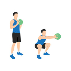 Man doing Medicine ball squat and reach exercise. Flat vector illustration isolated on white background