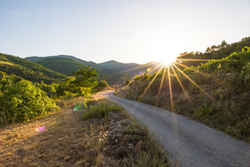 Vue au coucher du soleil du vignoble Saint-Chinian depuis une petite route près du hameau de Ceps à Roquebrun © Ldgfr Photos