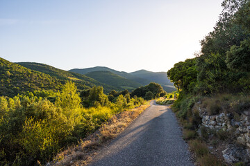 Vue au coucher du soleil du vignoble Saint-Chinian depuis une petite route près du hameau de Ceps à Roquebrun