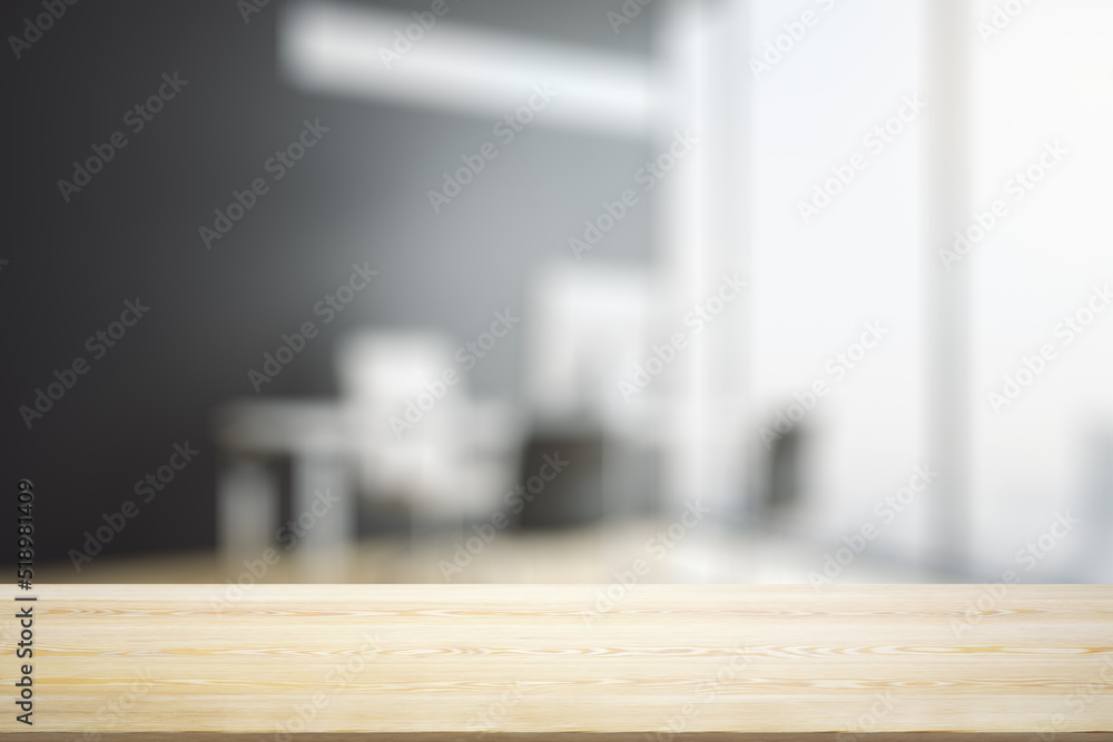 Poster empty office wooden table with empty space on modern workplace with computer background, close up, m