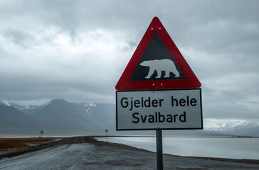 Road sign in Longyearbyen town, Svalbard island, Norway