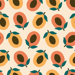 Juicy apricots with green leaf and bone hand drawn vector illustration. Tropical fruit seamless pattern for fabric or wallpaper.