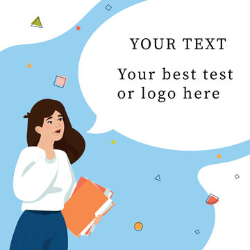 Woman looking up to speech bubble with empty space for text. Girl speack. Holding a paper folders. Office worker