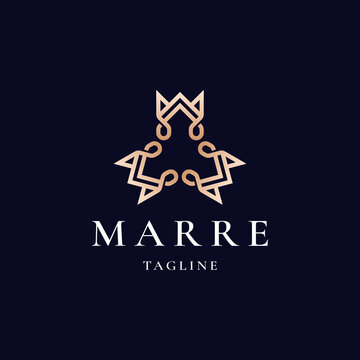 initial letter mmm with crown gold color line outline logo