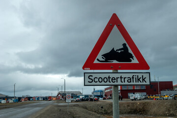 Road sign at Longyearbyen town, Svalbard island, Norway
