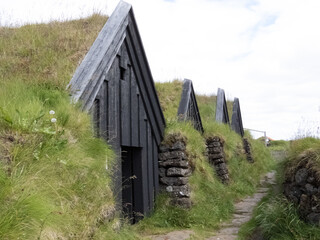 Traditional turf-roofed huts in Iceland