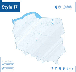 Poland - map isolated on white background with water and roads. Vector map.
