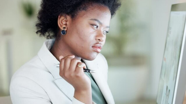 Web developer thinking and using computer to design and develop user friendly marketing webpage or website for clients. Young creative using technology to plan and innovate ideas for company homepage