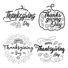 Happy Thanksgiving day set, pumpkin shaped holiday design with autumn leaves. For November 24 greeting cards, logo, posters, labels, stickers. Vector illustration.