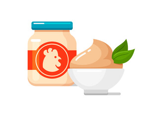 Baby food icon with chicken puree, meat pate in glass jar and bowl. Kids healthy nutrition for infants in container with label. Vector colorful flat illustration isolated on white background - obrazy, fototapety, plakaty