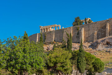 Famous Athens landmark Acropolis from the south side of the fortress with the Parthenon