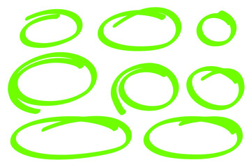 Marker highlight oval frame set. Sketch highlight line. Hand drawn green doodle. Highlighting text and important objects. Round scribble frames. Stock vector illustration on white background.